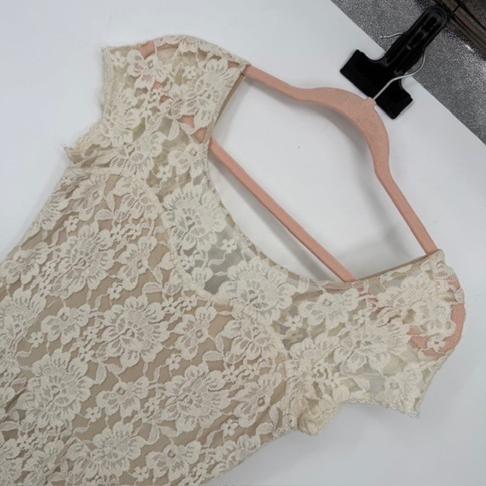 American Eagle Cream Floral Lace Mini Dress Cap Sleeve Tan Lining 2 7467635409